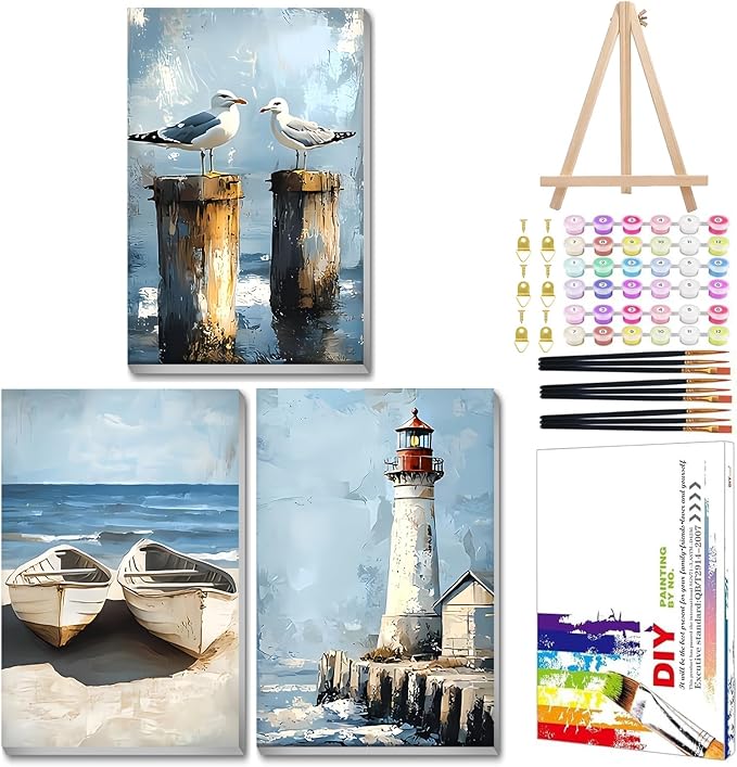 Mandun Beach Paint by Numbers Kit for Adults, 3 Pack, 7.8x11.8 inch | DIY Painting Kits Crafts for Adults, Relieve Stress, Frame Canvas, Wooden Easel, Gift Box, Home Wall Decor