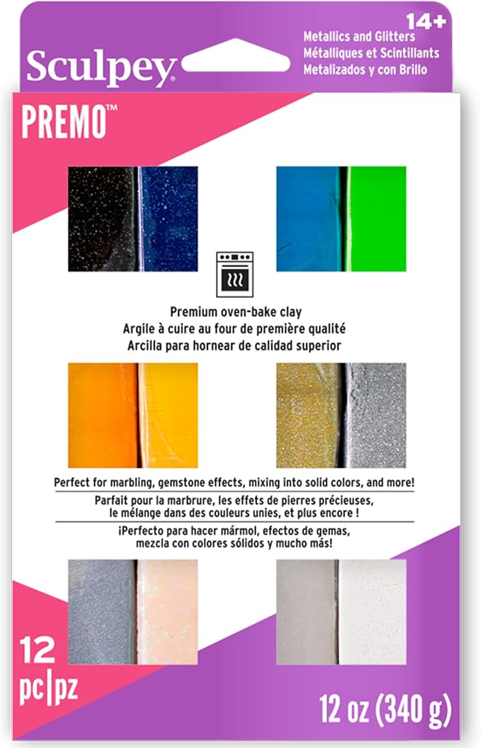 Sculpey Premo Clay Multipack - 12 Metallic & Glitter Colors, 1oz Bars | Bakeable polymer clay set for jewelry, caning and mokume gane; non-toxic, durable craft sampler for adult arts and DIY