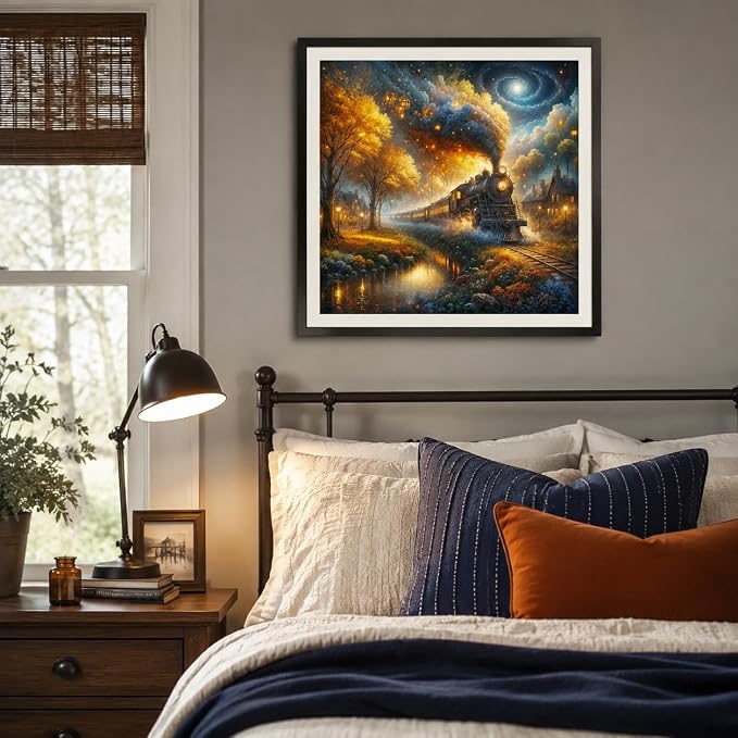 PINFFSHU 5D Diamond Painting Kits for Adults - Full Drill Fantasy Steam Train Autumn Forest, Starry Galaxy Night Sky Cozy Village, DIY Diamond Art Kit for Home Wall Decor Gift (13.78x13.78 inch)