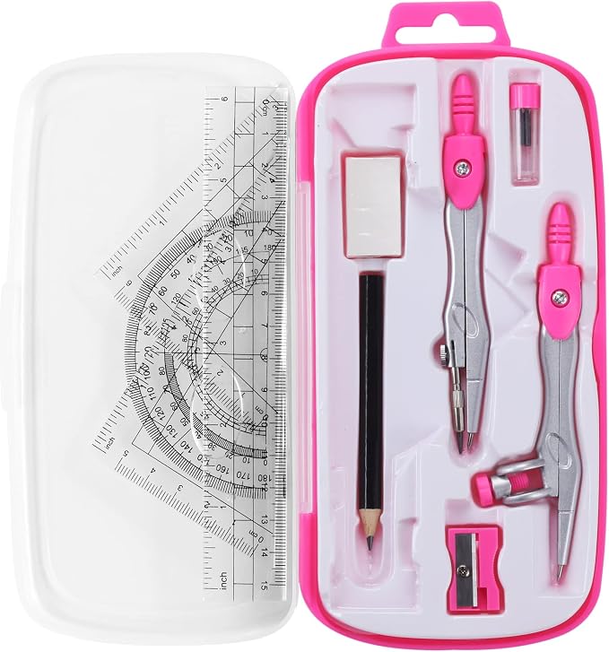 Unjoo Math Geometry Set 10 Pcs, Compass and Protractor for Students (Pink) | Shatterproof Storage Box,Rulers,Protractor,Compass,Eraser,Pencil Sharpener,Lead Refills,Pencil,for Classroom, Back to School