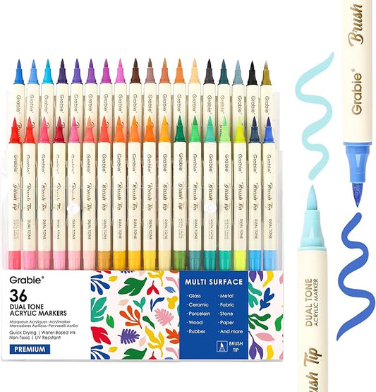 Grabie 72 Color Acrylic Paint Markers, Pack of 36 Dual Tip Brush Pens | 72 Colors in 36 Markers,Dual Tip Soft Brush Design,Water-Based Acrylic Ink For Paper, Rock, Wood, Canvas, Glass & Fabric