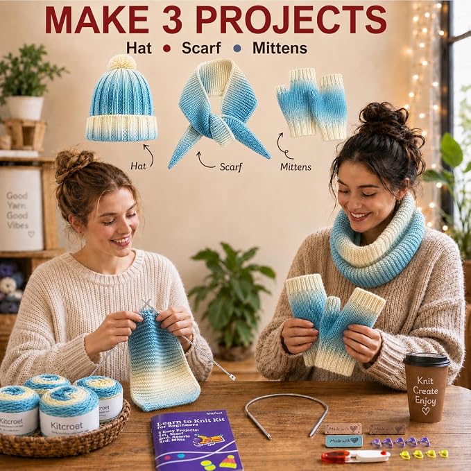 Knitting Kit for Beginners, Complete Starter Kit for Scarf, Hat, Gloves | Kitcroet Knitting Kit Video Tutorials & Written Guide; 2 Types of Needles & Knitting Accessories; 25% Extra Yarn Included