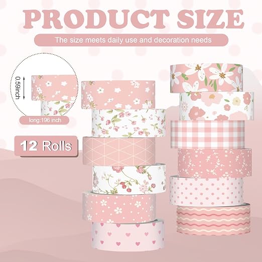 12 Rolls Floral Washi Tape Set,Pink,Sweet | Watercolor Flowers Design for Scrapbook Journal DIY Craft School Supplies, 15 mm Vintage Decorative Masking Washi Tapes