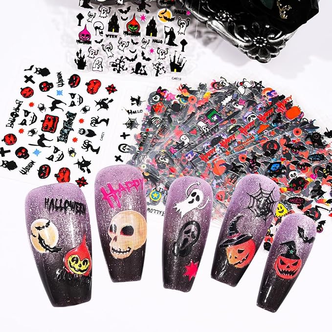 24 Sheets Halloween Nail Stickers Pumpkin Ghost Face Nail Decals 3D Self-Adhesive Nail Supplies Spider Web Cat Bat Nail Art Stickers for Acrylic Nails for Women Kids DIY Manicure Decorations