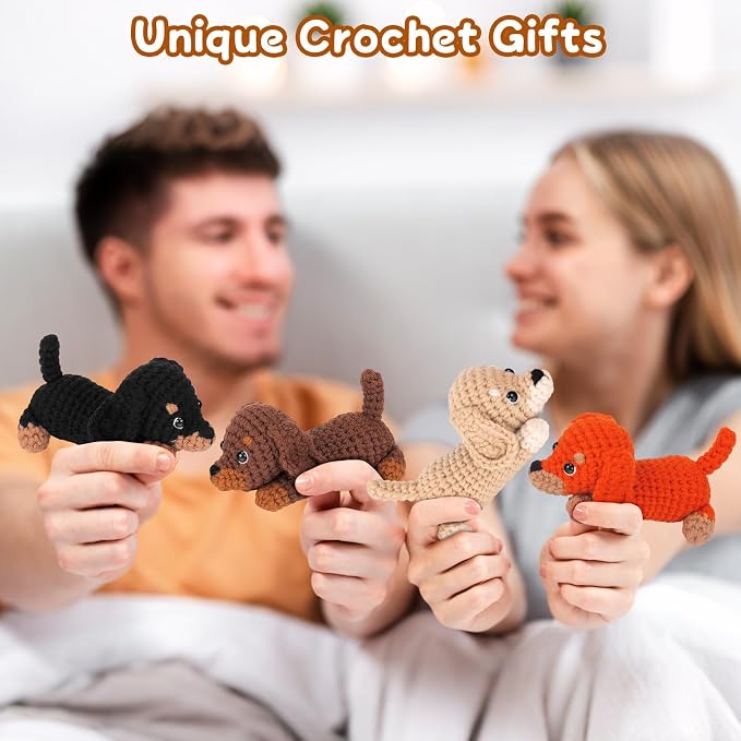 Crochet Kit for Beginners Adults, 4 PCS Dachshund Puppy Crochet Kits