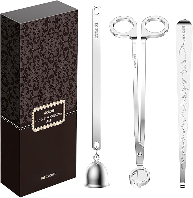 RONXS 3 in 1 Candle Wick Trimmer Set, Snuffer, Dipper, Cutter, Silver | Candle Care Accessory Kit, Stainless Steel, Trims Wick, Puts out Flame and Dips, Gift Box for Candle Lovers Home Decoration