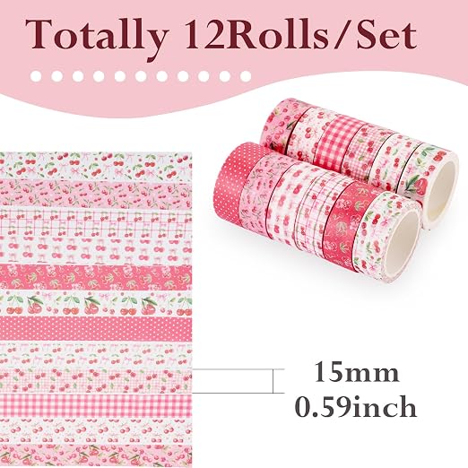 12 Rolls Pink Cherry Washi Scrapbook Tape 15mm Bible Tape Set