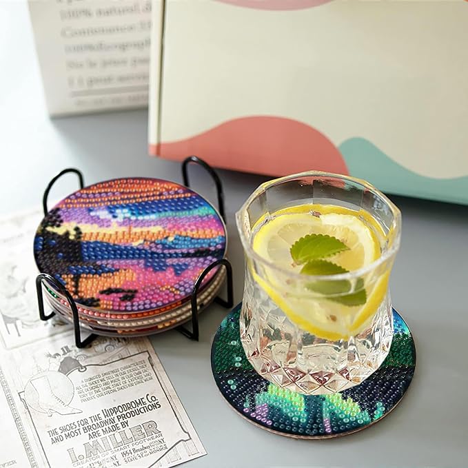 askkqtx 8 Pcs Aurora Diamond Art Coasters Kits with Holder 4X4 Inch
