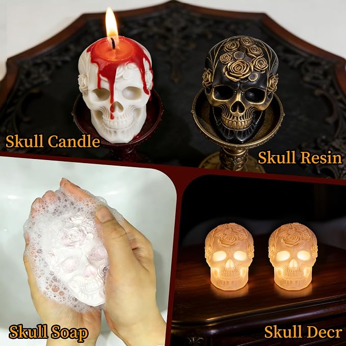 Skull Molds for Resin, 3D Rose Style Skull Head Casting Molds | Soft Skull Silicone Mold for Candle Making, Epoxy Resin Craft, Handmade Soap, Plaster Clay, Halloween Party Gifts Home Decor