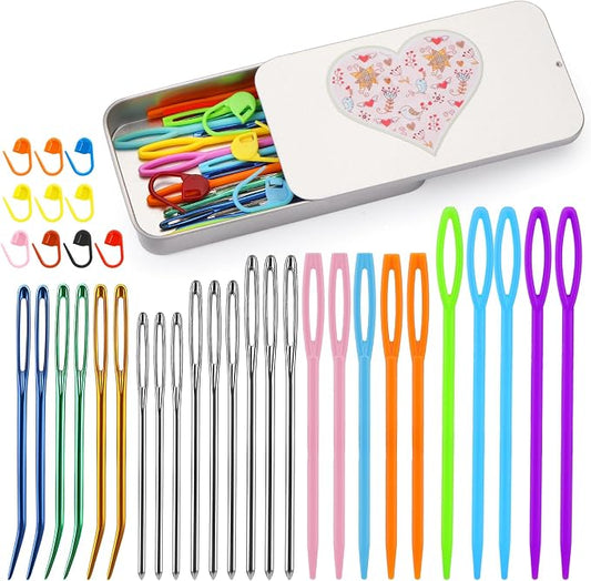 FTEVEN 36PCS Plastic Needles, Large Eye Plastic Yarn Needles Blunt | Yarn Needles Blunt Needles Bent Tapestry Sewing Needles with Colorful Knitting Stitch Markers for Knitting Crochet Sewing