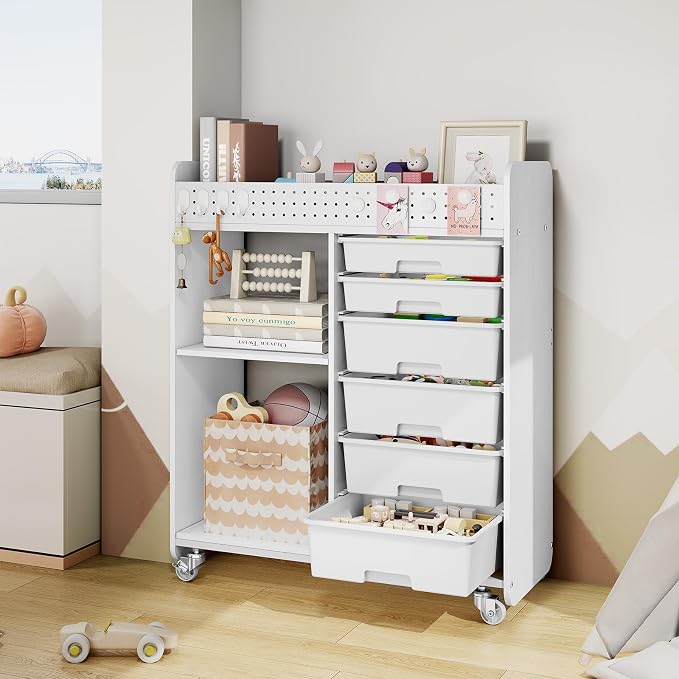 Rolling Craft Cart with 6 Drawers, Pegboard and Locking Wheels White