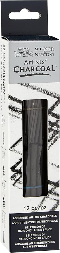 Winsor & Newton Artists' Willow Charcoal, Assorted, Box of 12 | Rich Willow Charcoal, Consistent Intensity, Carefully Baked, Create Darkest Black or Smokey Shades