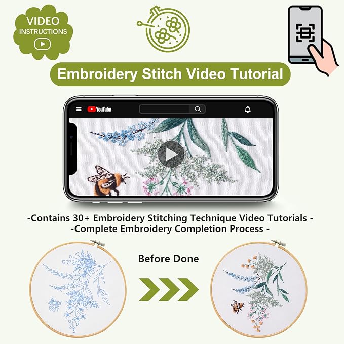 Santune 4 Pack Embroidery Kit for Beginners,Needlepoint Cross Stitch Kits for Adults,Needle Point Sets with Bee Flower Pattern Stitch Video Tutorial