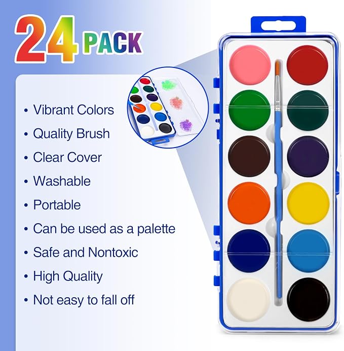 24 Pack Watercolor Paint Set Bulk for Kids, 12 Color Washable Water Colors | Non-Toxic Water Paint with Paintbrush, Water Color Paint Set for Kids, Beginners and Adults, Ideal for Party Favor, Classroom