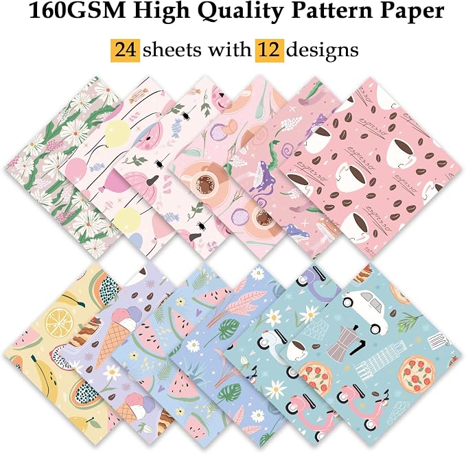 Scrapbook Paper, 24 Sheets 6"×6" 160gsm Single-Sided Patterned Cardstock