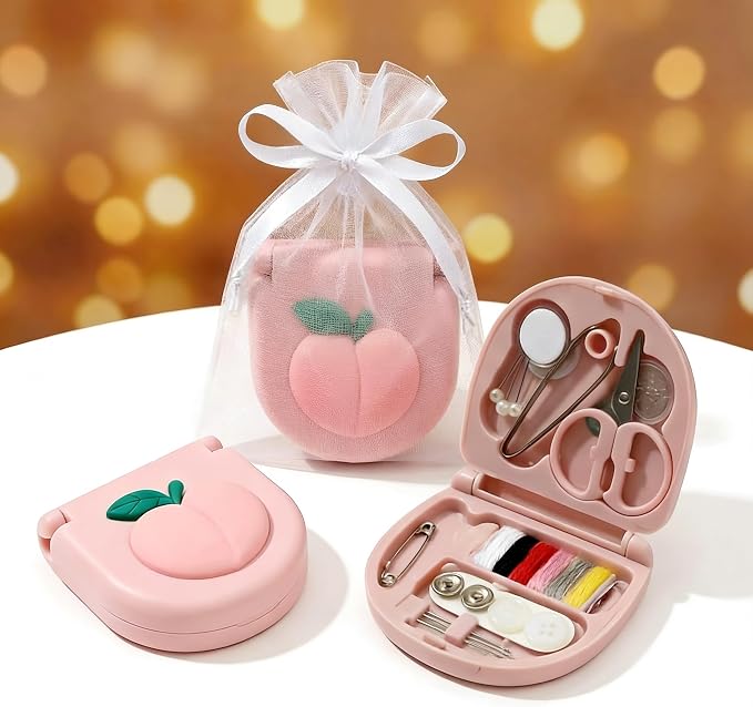 2 Pack Mini Travel Sewing Kit, Portable Emergency Sewing Box with Scissors, Needles, Threads, Compact Clothing Repair Set for Travel, Purse, Office, College Dorm (3D Peach Pink)