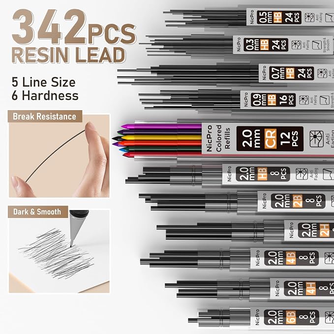 Nicpro 37PCS Gold Art Mechanical Pencil Set, 0.3/0.5/0.7/0.9/2mm Point | 360 Lead Refills(6B 4B 2B HB 2H 4H) 4 Erasers+18 Eraser Refills, Full Metal, School Supplies for Sketching Drawing Drafting