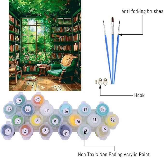 Clendo Paint by Number for Adults Beginners, Study Room Adults Paint by Numbers Kits on Canvas, DIY Oil Painting Acrylic Paints for Home Wall Art Decor(16x20inch)