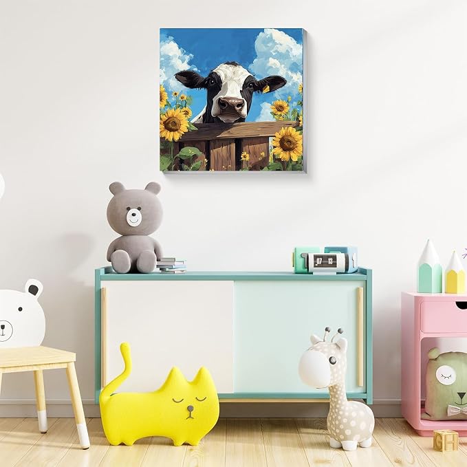 ajepon Cow Paint by Numbers Kit for Kids with Frame - Highland Cow Paint by Number for Kids, Kid Painting by Number Kits Age 6-8 for Home Wall Decor 8X8inch (with Wooden Easel)