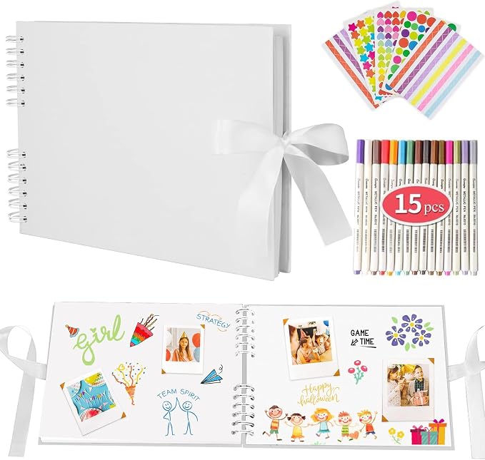 80 Pages Scrapbook Album with 15 Metallic Markers,Craft Paper Photo Album for Wedding and Anniversary, Family DIY Scrapbook Accessories with Scrapbooking Stickers Corners,White