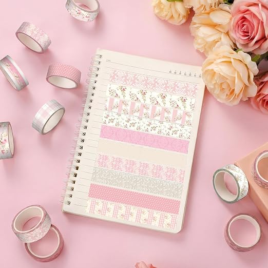 Gueevin 24 Rolls Floral Washi Tapes Set Scrapbook Supplies, Roses and Lace | 15 mm Watercolor Flower Washi Tapes, Back to School DIY Craft Arts, Junk Journaling Planner Gift Wrapping Supplies