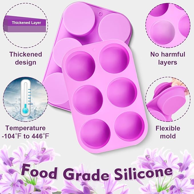 Walfos Round Silicone Soap Molds,Silicone Soap Molds,BPA Free and Non-Stick Circular Soap Mold,Perfect for Soap,Candles,Cookies,Cakes,Candy,Pudding,Jello.Set of 2 (Purple)