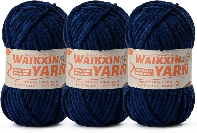 （3 Navy Blue） 3 Pack Super Soft Fuzzy Chenille Chunky Yarn for Crocheting, 300g (261yds) Fluffy Velvet Yarn for Hand Knitting Baby Blankets Weaving Craft
