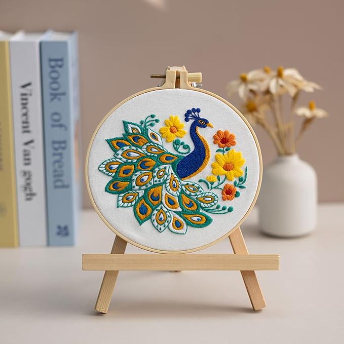 Louise Maelys Embroidery Kit for Beginners Peacock Floral DIY for Adults | Pre-Printed Fabric, Hoop, Threads, Needles, Guide Included for DIY Crafting. Enjoy Cross Stitch Kits. Explore Needlepoint Kit