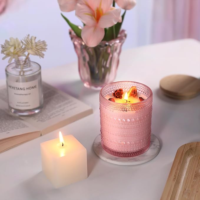 DARJEN 12 Pcs 10 oz Glass Candle Jars with Lids, Candle Container Tins-Pink | Thick Wall Ribbed Glass, Airtight Wood Lids- The go to candle jar for DIY, thoughtful gifters, growing candle brands