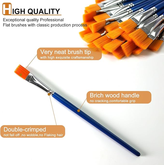 GACDR 1/2 Inch Flat Paint Brush Set, 40 Bulk Acrylic Paint Brushes