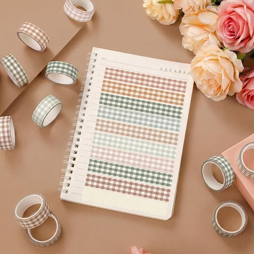 12 Rolls Floral Washi Tape Set,Boho,Gingham Plaid | Watercolor Flowers Design for Scrapbook Journal DIY Craft School Supplies, 15 mm Vintage Decorative Masking Washi Tapes