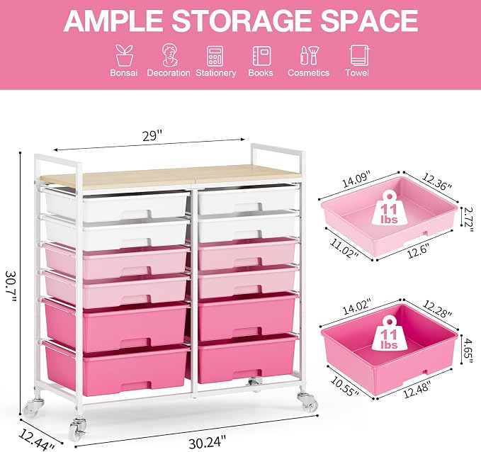 TOOLF 12 Drawers Rolling Storage Cart with Wooden Top for Classroom,Pink | Teacher Cart Craft Art Supply Organizer, Utility Cart with Lockable Wheels for Home Household Essentials, Office Organization