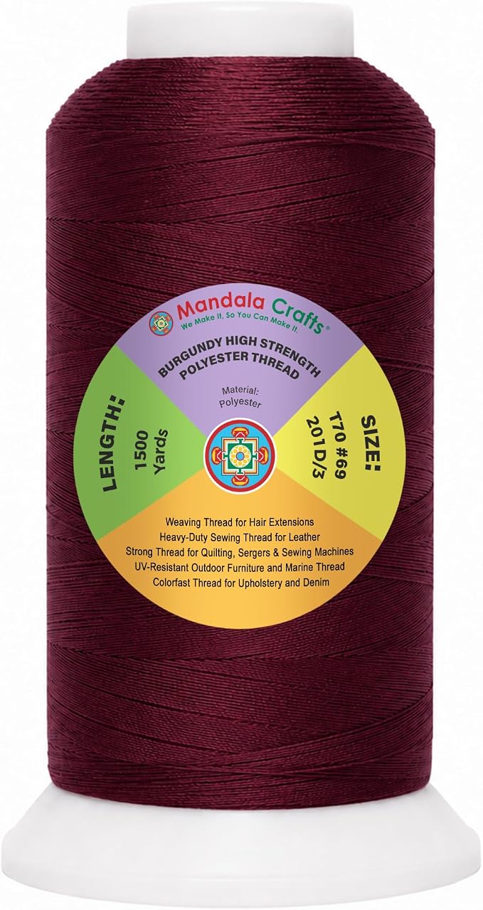Mandala Crafts Burgundy Tex 70 Polyester Heavy Duty Thread for Upholstery | 1500 Yds T70 UV Resistant Strong Thread for Leather Sewing, Marine, Drapery, Jeans, Hair Weaving & Extension, Outdoor