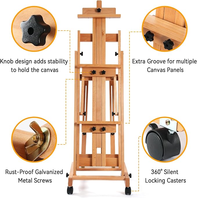 PHOENIX Versatile Studio H-Frame Easel Solid Beech Wood Artist Stand with Locking Caster Wheels- Adjustable Angle & Height – Heavy Duty Large Canvas Holder with Storage Tray for Professional Artists