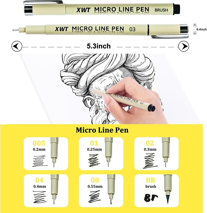 6 Size Micro Fineliner Pens Set | Ultra Fine Fineliner Pen, Brush Marker Pen, Water-based Black Pigment Ink, Drawing Journaling Supplies for Artists, Designers