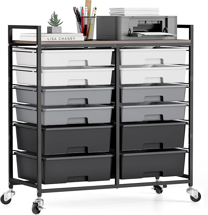 TOOLF 12 Drawers Rolling Storage Cart with Wooden Top for Classroom,Grey | Teacher Cart Craft Art Supply Organizer, Utility Cart with Lockable Wheels for Home Household Essentials, Office Organization