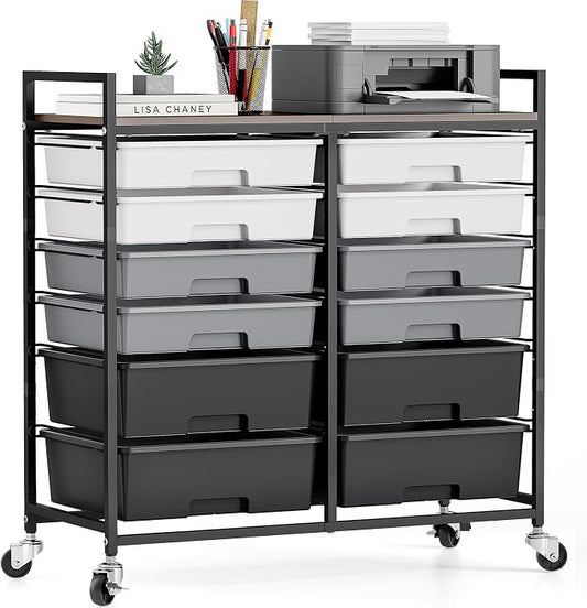 TOOLF 12 Drawers Rolling Storage Cart with Wooden Top for Classroom,Grey | Teacher Cart Craft Art Supply Organizer, Utility Cart with Lockable Wheels for Home Household Essentials, Office Organization