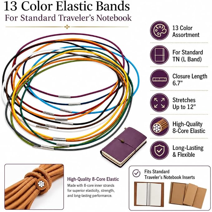 13 Pcs Colorful Elastic Bands for Traveler's Notebook, 13 Unique Colors Connecting Bands Replacement Accessories for Standard Size Journals