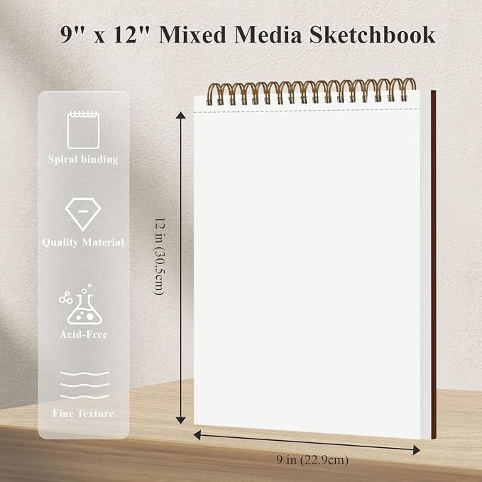 MOFUNY Mixed Media Sketchbook 9x12, Drawing Paper Pad 60 Sheets_98lb/160gsm | Mixed Media Paper Sketch Pad_Top Spiral-Bound Sketch Book, Watercolor Paper Pad for Artists, Painting, Drawing & Art Supplies
