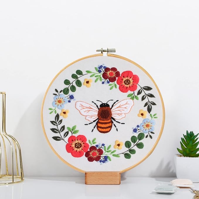 Santune 3 Pack Bee Embroidery Kit for Beginners Adult Cross Stitch Kits Hand Embroidery with Animal Patterns and Instructions,DIY Sets for Women with Hoop,Threads and Needles