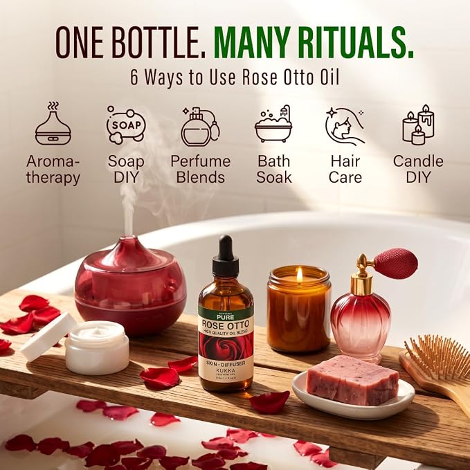 100% Pure Rose Otto Essential Oil 4 Fl Oz - Rose Oil for Hair, Skin & Face | Long-Lasting Aroma for Diffuser and Aromatherapy, Massage, Body Care, Non-GMO, Undiluted Floral Fragrance, with Dropper