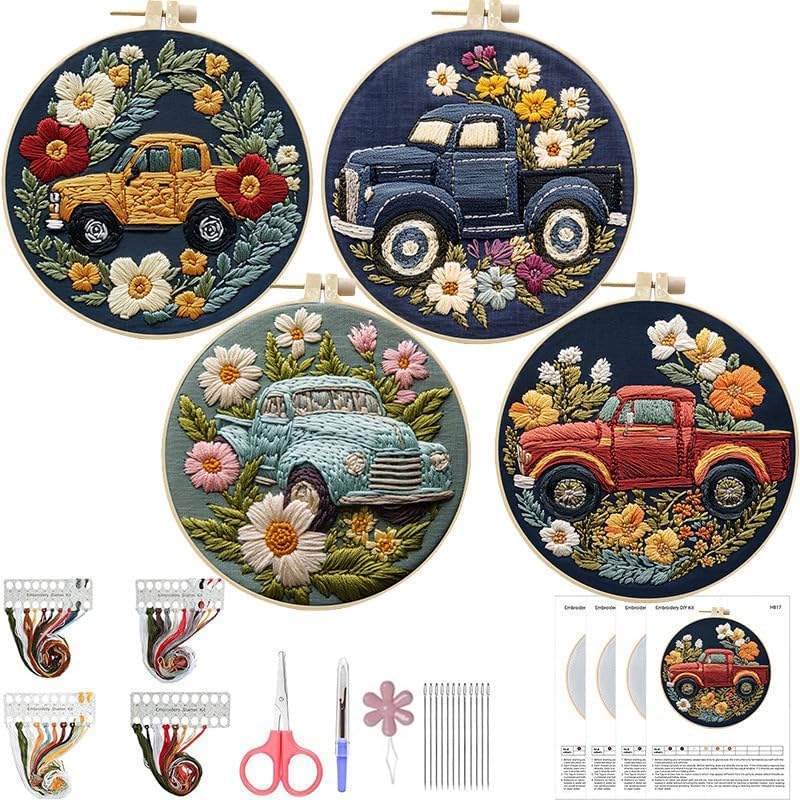 LB 4-Pack Colorful Truck Flower Embroidery Kit for Beginners: Cross Stitch Kit with Green Floral | Adults DIY Starter Kit Includes Embroidery Hoop, Colorful Threads, Tools and Instructions