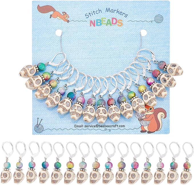 NBEADS 15 Pcs Skull Stitch Markers, Skull and Colorful Acrylic Beads Crochet Stitch Marker Charms Removable Locking Stitch Marker for Knitting Weaving Sewing Accessories Quilting Handmade Jewelry