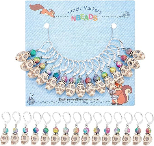 NBEADS 15 Pcs Skull Stitch Markers, Skull and Colorful Acrylic Beads Crochet Stitch Marker Charms Removable Locking Stitch Marker for Knitting Weaving Sewing Accessories Quilting Handmade Jewelry