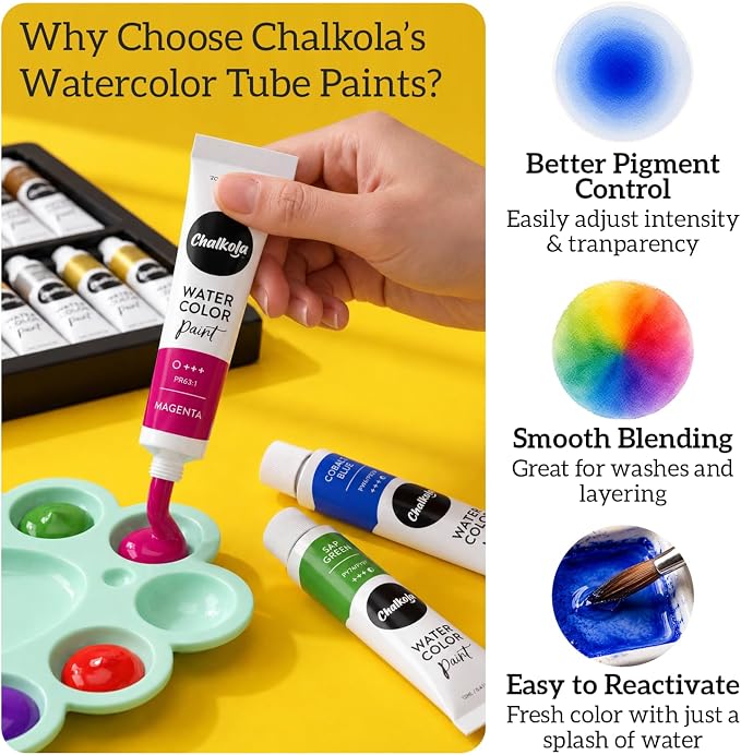 Chalkola 36 Watercolor Paint Set for Adults, Kids & Professional Artists | 36 Watercolor Paint Tubes (12ml, 0.4oz), 10 Painting Brushes & 1 Palette - Vibrant Water Color Art Painting Supplies