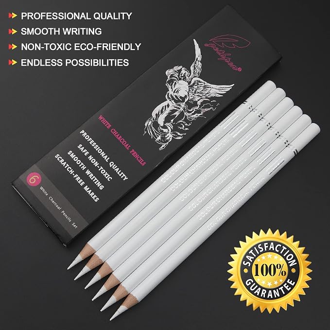 GETHPEN White Charcoal Pencils Set, Sketch High-light Pencils, 6 Pieces | White Charcoal Sketch Pencils, White Chalk Pencils for Drawing, Sketching, Shading, Blending, Beginners & Artists