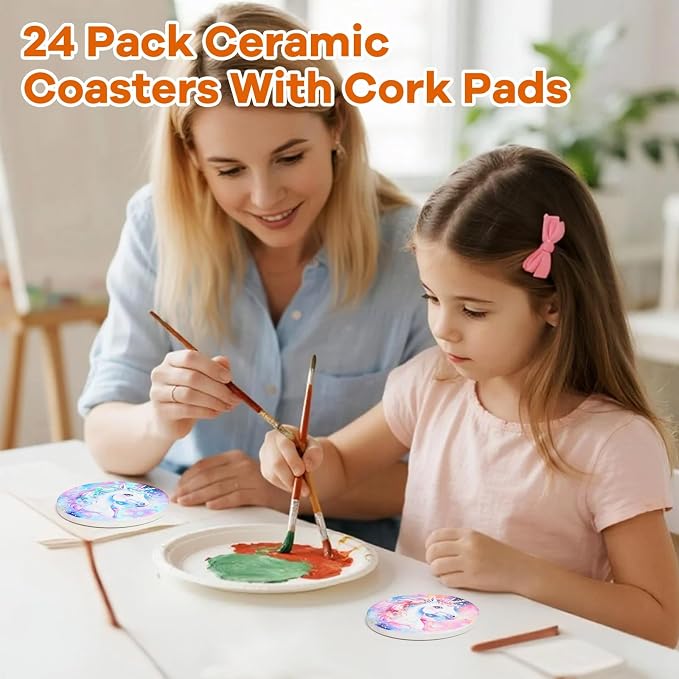 24 Pcs Round Ceramic Tiles for Crafts 4x4 White Ceramic Coasters for Crafts with Cork Backing Pads Blank Unglazed Tiles for Painting, Alcohol Ink, Acrylic Pouring, DIY Coaster
