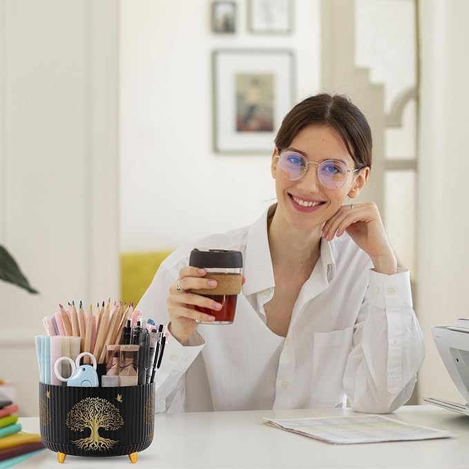 SKYDUE 360 Degree Rotating Pen Holder for Desk with 5 Slots,Tree of Life | Pen Organizer with 5 Slots, Office Supplies, Desk Organizer, Art Supply Pencil Cup for Office, School, Home