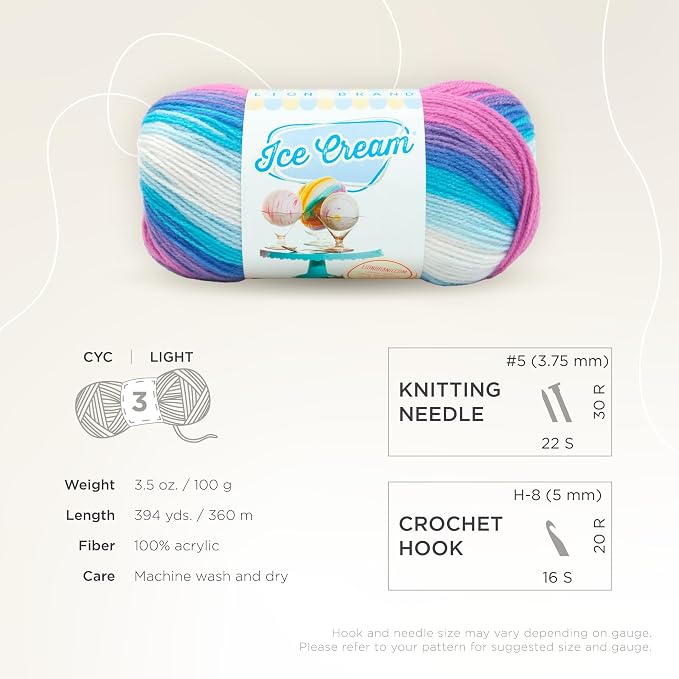 Lion Brand Yarn, Ice Cream Crochet Yarn, Moon Mist, Multicolor, 3 Pack