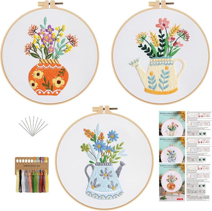 GLTAYLMY 3pcs Embroidery Starter Kit with Vase Pattern, Stamped Cross Stitch Kits for Beginners Adults with Embroidery Hoop and Instructions, Hand Embroidery Kit